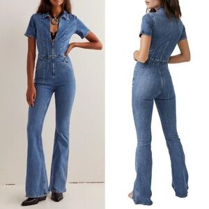 Free People Blue Denim Jumpsuit XL Stretch Denim